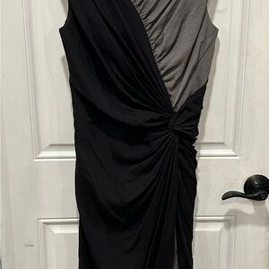 TADASHI SHOJI Ruched Sheath Knot-Front Silk Black and Gray dress,  Size 12